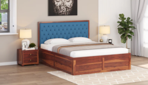 Harshlyn Sheesham Wood bed with Upholstered headboard Box Storage King Size

