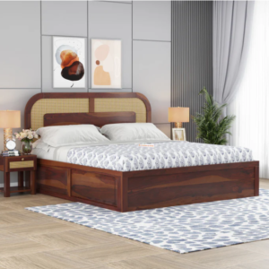 Hester Sheesham Wood Cane Bed With Hydraulic Storage - King Size