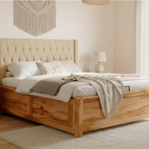Samawi Real Teak Wood Hydraulic Bed King Size Light Beige