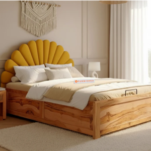 Satin Real Teak wood Hydraulic Bed King Size - Mustard Yellow