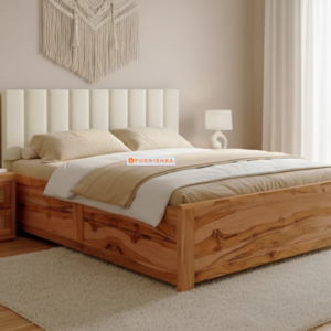 Augustus Real Teak Wood Hydraulic Bed King Size Light Beige