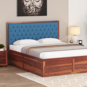 Harshlyn Sheesham Wood bed with Upholstered headboard Box Storage King Size