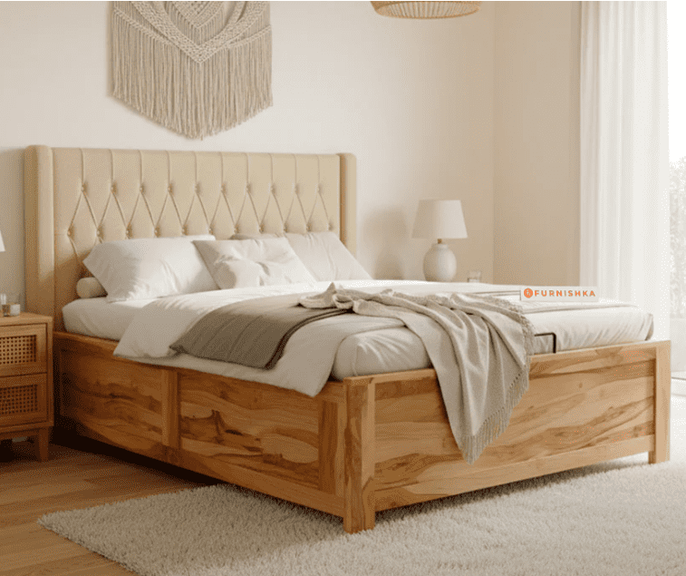 Samawi Real Teak Wood Hydraulic Bed King Size Light Beige