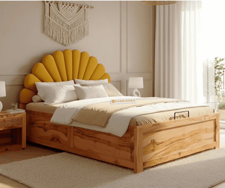 Satin Real Teak wood Hydraulic Bed King Size - Mustard Yellow