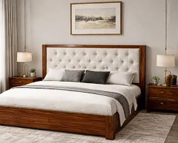 Agatha Sheesham Wood Bed with Upholstered Headboard Hydraulic Storage King Size | Luxury Wooden Bed